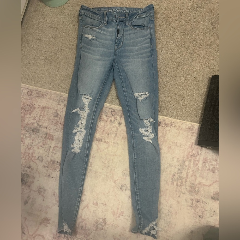 American Eagle Outfitters Blue Skinny Jeans with Distressed Details